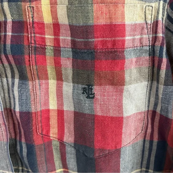 Ralph Lauren Women's Plaid 100% Linen Button Up Shirt S Petite Embroidered Logo - Picture 3 of 7